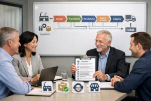 Independent third party auditor discussing supplier assurance with OEM and supplier teams in a professional meeting setting