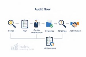 Third party audit process flow infographic showing scope, planning, onsite verification, evidence review, findings, action plan, and follow-up