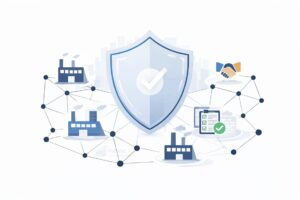 Connected supplier and service provider network with assurance shield symbolizing ISO-aligned third party supplier audit and risk control