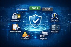 Types of information security controls infographic showing preventive, detective, corrective, administrative, technical, and physical controls mapped to ISO 27001, SOC 2, and NIST.
