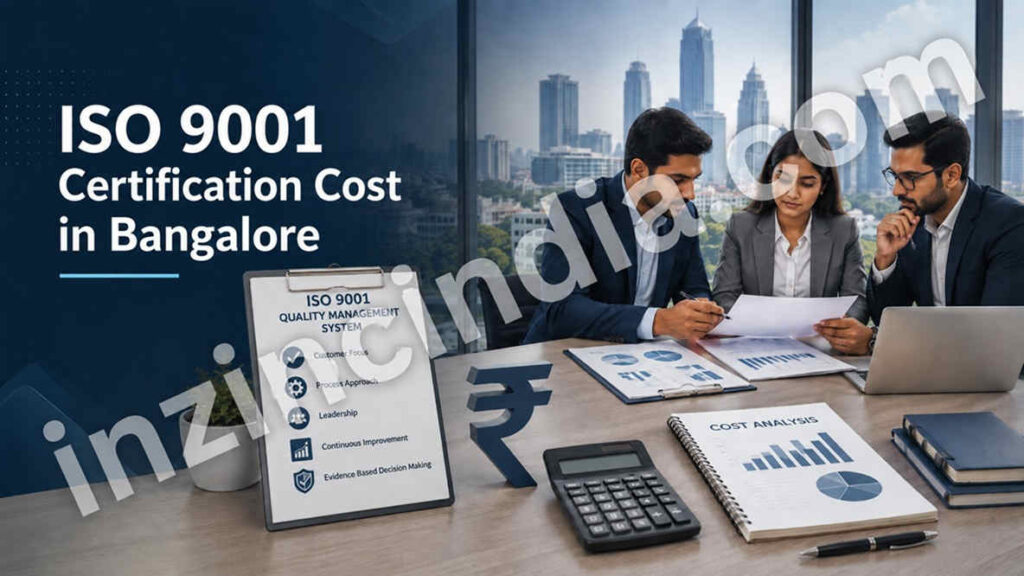 ISO 9001 certification cost in Bangalore with quality management system documents, calculator, cost analysis charts and business professionals reviewing certification expenses.