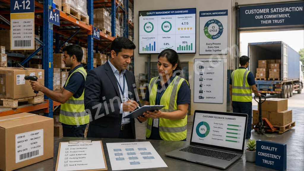 ISO 9001 certification for logistics and warehousing companies showing warehouse process control, dispatch accuracy and quality management review