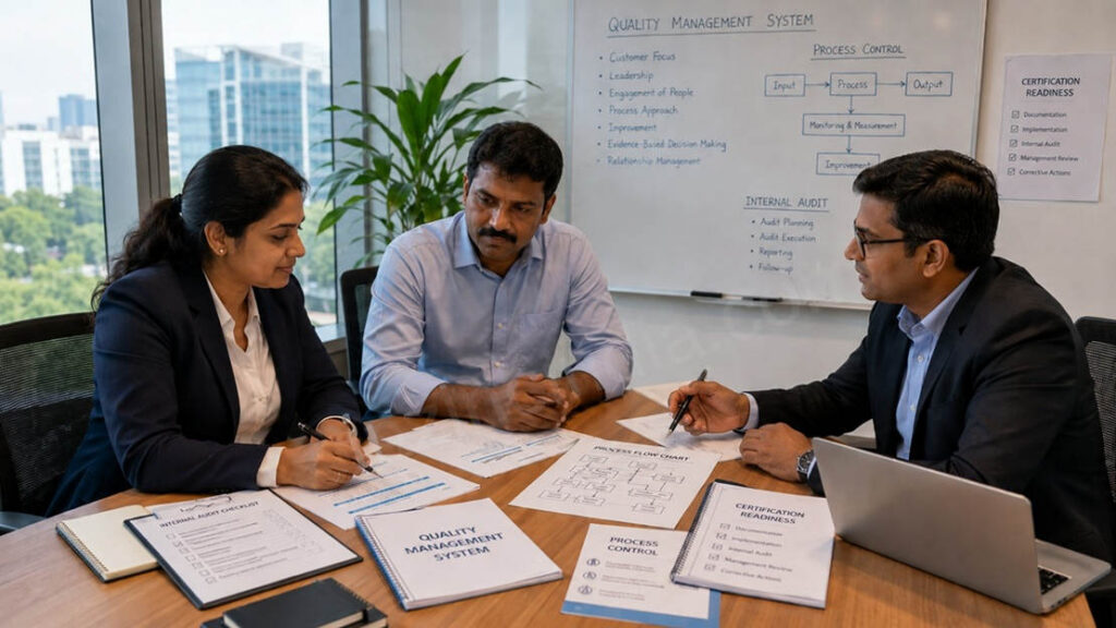ISO 9001 certification process in Bangalore with business team reviewing QMS documents, internal audit records and certification readiness plan